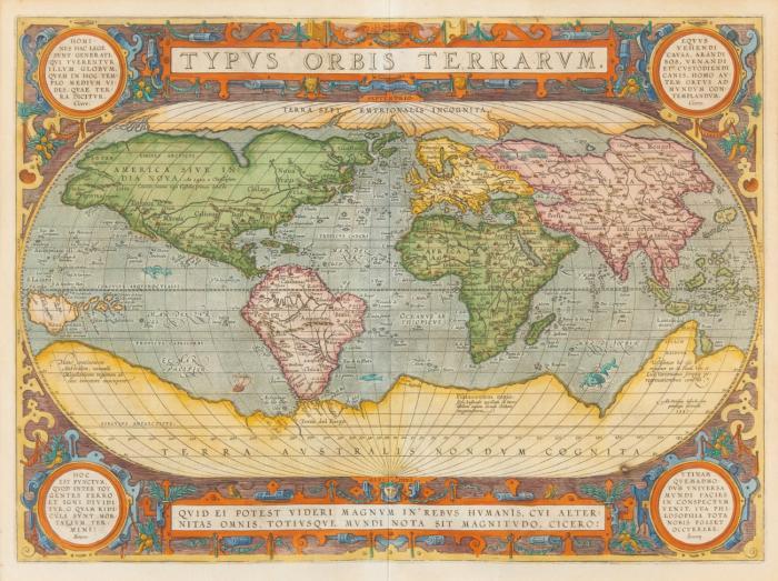 Weltkarte + Vier Erdteile. 5 kolorierte Kupferstichkarten aus A. Ortelius, lateinische Ausgabe, 1592-1612.