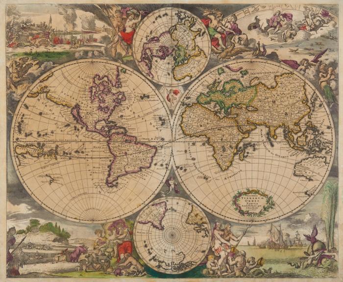 Weltkarte. Nova Totius Terrarum Orbis Tabula, in zwei Hemisphaeren mit zwei Polkarten, in den Eckzwickeln Darstellungen der vier Elemente.