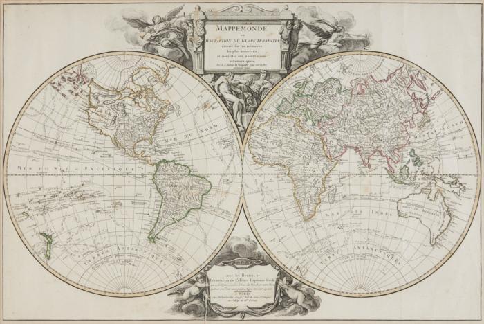 Weltkarte. – Mappemonde ou Description du Globe Terrestre ...  in zwei Hemisphären  mit allegorischen Kartuschen.