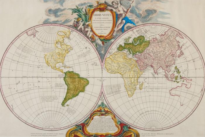 Weltkarte. Orbis Vetus in utrâque continente ... Globenkarte in zwei Hemisphaeren, mit figürlicher Kartusche.