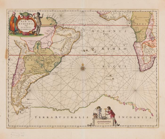 Südatlantik. Mar di AEthiopia Vulgo Oceanus AEthiopicus, mit Teilen Südamerikas und Afrikas, Tristan da Cunha, St. Helena und Ascension.