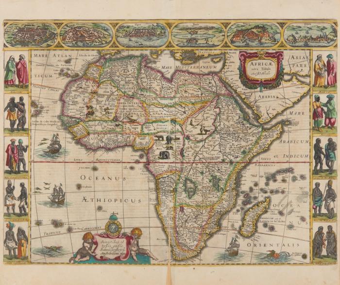 Afrika. Africae nova Tabula, Randbordüre mit 6 kleinen Ansichten von Kairo, Alexandria, Algier, Tunis, Tanger und Ceuta sowie in 10 Randbildern Trachtenpaare.