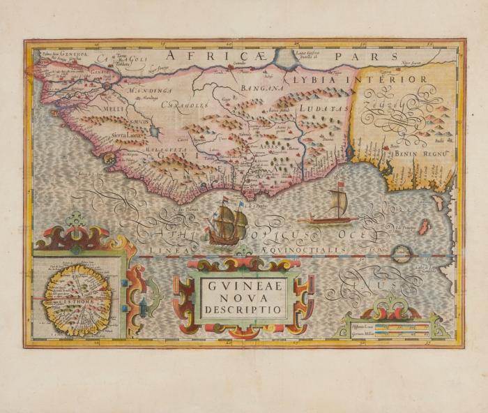 Westafrika. Guineae Nova Descriptio, mit der westafrikanischen Küste von Gambia bis Benin; in kleiner Teilkarte die Indel São Tomé e Príncipe.