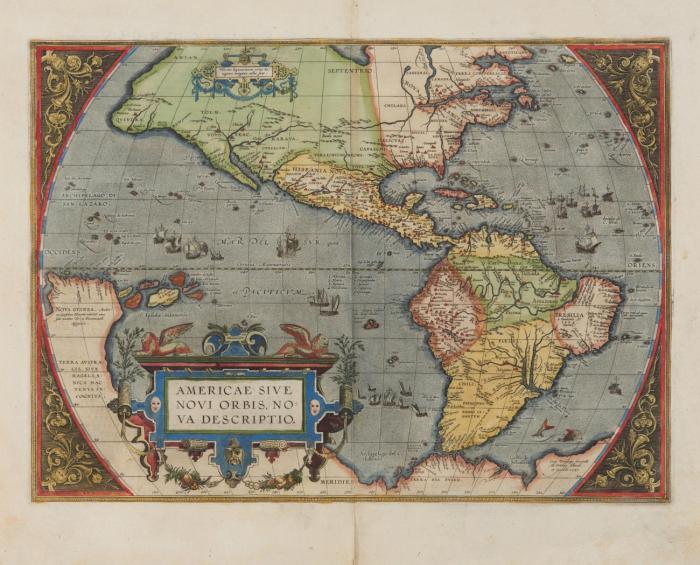 Amerika. Americae sive Novi Orbis, Nova Descriptio. 1587. Kolorierte Kupferstichkarte aus Abraham Ortelius, lateinische Ausgabe 1592-1612.