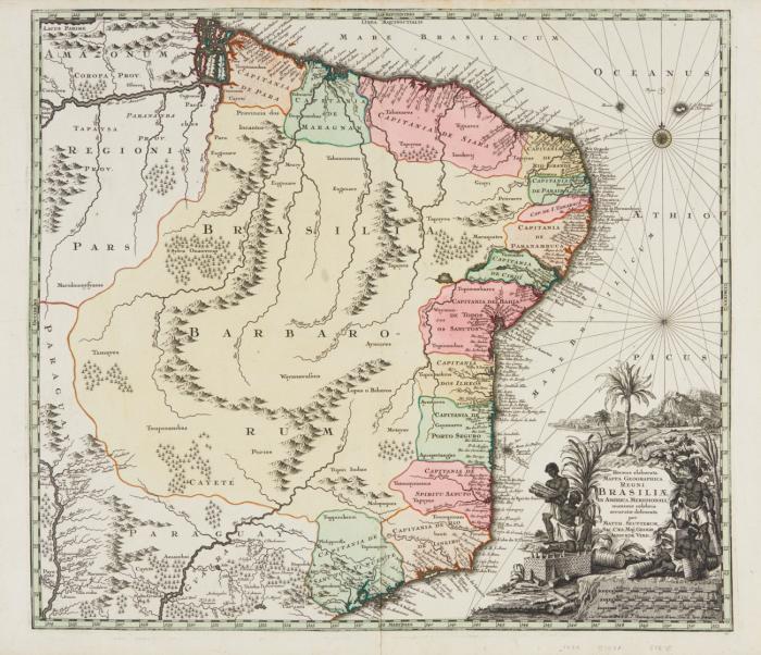 Brasilien. Recens elaborata Mappa Geographica Regni Brasiliae in America Meridionali maxime celebris accuratae delineata, das Gebiet zwischen Amazonas-Mündung und São Paulo.