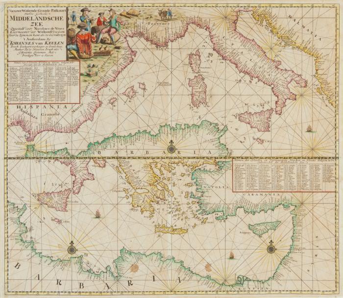 Mittelmeer. Nieuwe Wassende Graade Paskaart van de Geheele Middelandsche Zee, zweigeteilte Karte des westlichen und östlichen Mittelmeers.