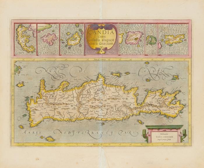 Griechenland. Kreta / Griechische Inseln. Candia cum Insulis aliquot circa Graeciam, mit sechs kleinen Teilkarten von Korfu, Zakynthos, Milos, Naxos, Santorin und Karpathos.