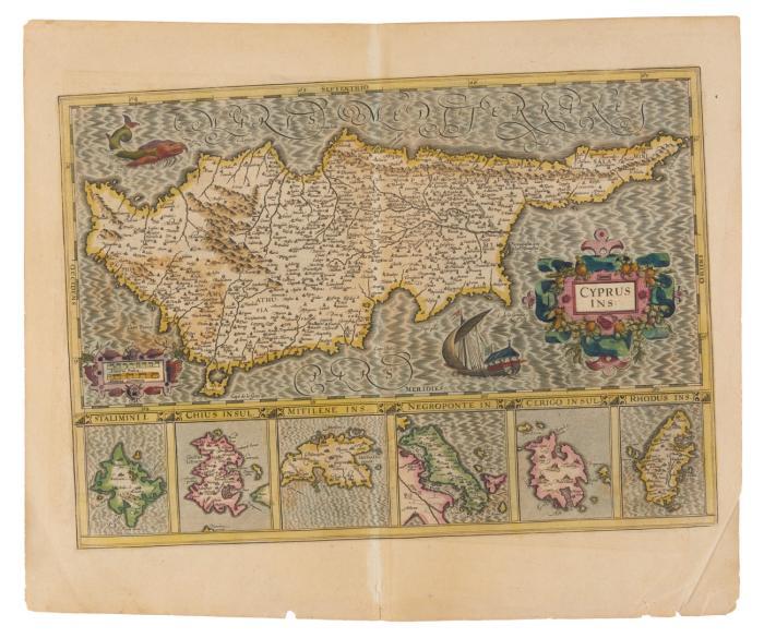 Zypern / Griechische Inseln. Cyprus Ins:, in sechs Teilkarten die Inseln Stalimini (Limnos), Chios, Mitilene (Lesbos), Negroponte (Euböa), Cerigo (Kythira) und Rhodos.
