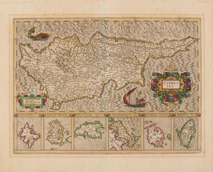 Zypern / Griechische Inseln. Cyprus Ins:, in sechs Teilkarten die Inseln Stalimini (Limnos), Chios, Mitilene (Lesbos), Negroponte (Euböa), Cerigo (Kythira) und Rhodos,