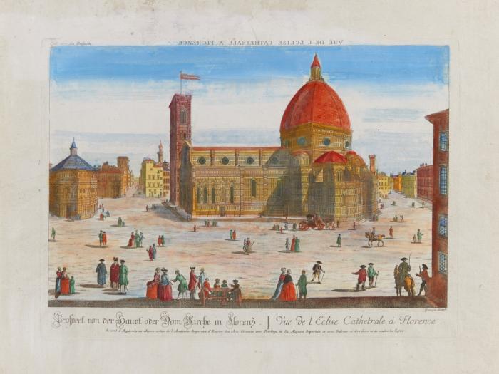 Florenz. 1. Dreifaltigkeitsbrücke. / 2. Kathedrale. / 3. Uffizien . / 4. Piazza della Signoria.