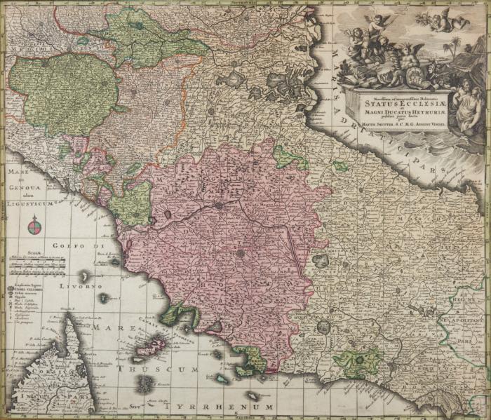 Italien. / Kirchenstaat. – Novissima et accuratissima Delineatio Status Ecclesiae ... Karte von Mittelitalien mit figürlich-allegorischer Kartusche.