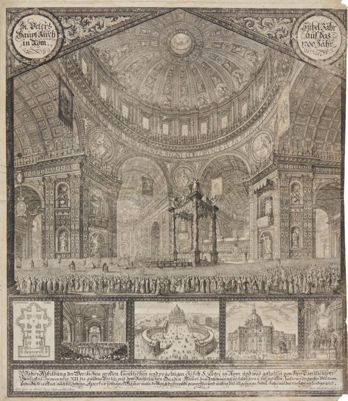 Rom.- 2 Blatt Kupferstiche. Christoph Weigel: Der Grund-Riß des Conclave und die Beschreibung aller Solennitaeten, ... . 1721. / Johann Ulrich Kraus: St. Peters Haupt-Kirch in Rom. 1700.