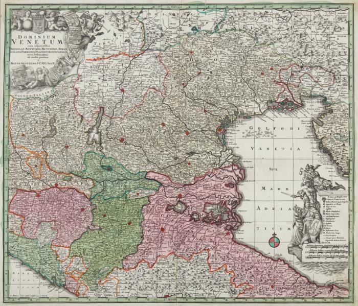 Venetien. – Dominium Venetum ... Vom Trentino bis zum adriatischen Meer mit Legende und figürlichen Kartuschen.