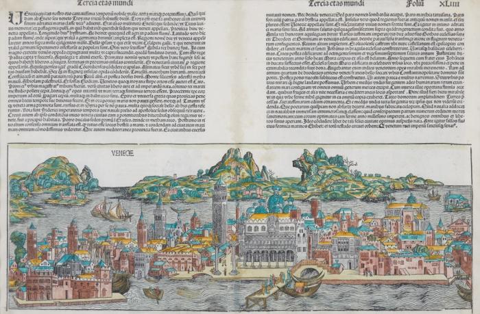 Venedig. – Venecie. Panorama der Lagune aus der Vogelschau mit Dogenpalast und Markusplatz im Mittelpunkt.