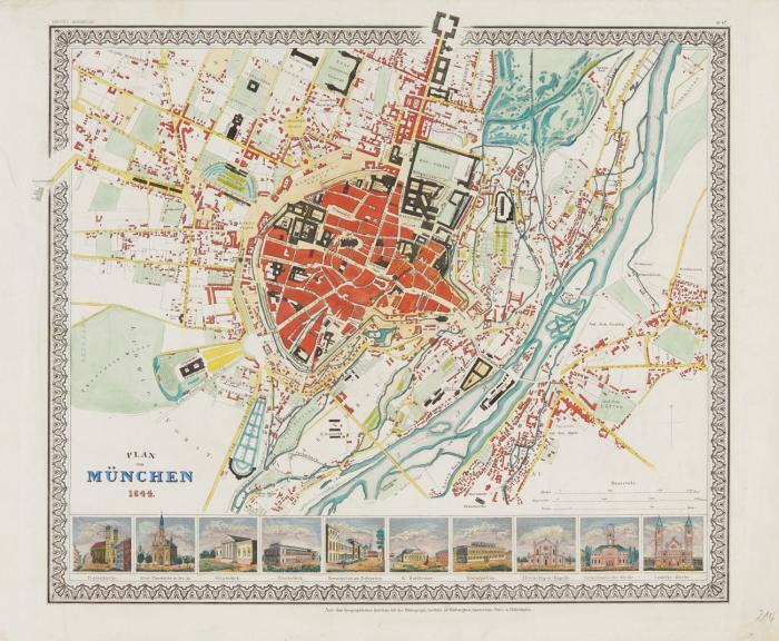 Schweden. – Plan von Stockholm, mit Ansicht der Stadt von der Insel Langholm. 1844 
Dazu: Plan von München, mit 10 Teilansichten, u.a. der Frauenkirche, der Pinakothek und der Glyptothek.