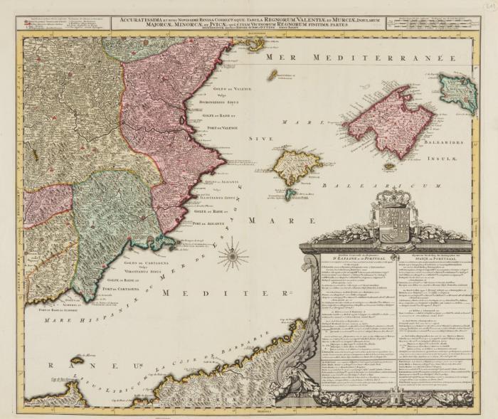 Spanien / Balearen. Accuratissima et nunc novissima revisa correctaque Tabula Regnorum Valentiae, et Murciae, Insularum Majorcae, Minorcae et Jvicae ...., mit der südostspanischen und Teilen der nordafrikanischen Küste sowie ausführlicher Legende in Kartusche.