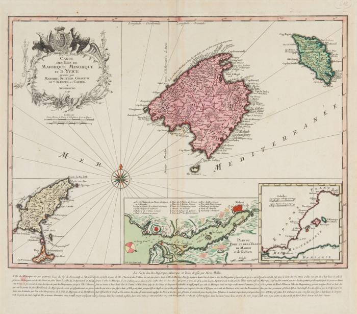 Spanien. Balearen. Crte des Iles de Maiorque Minorque et d'Yvice, mit Formentera und ausführlicher Legende; in zwei Teilkarten Umgebungsplan von Maó (Menorca) und Karte des westlichen Mittelmeers.
