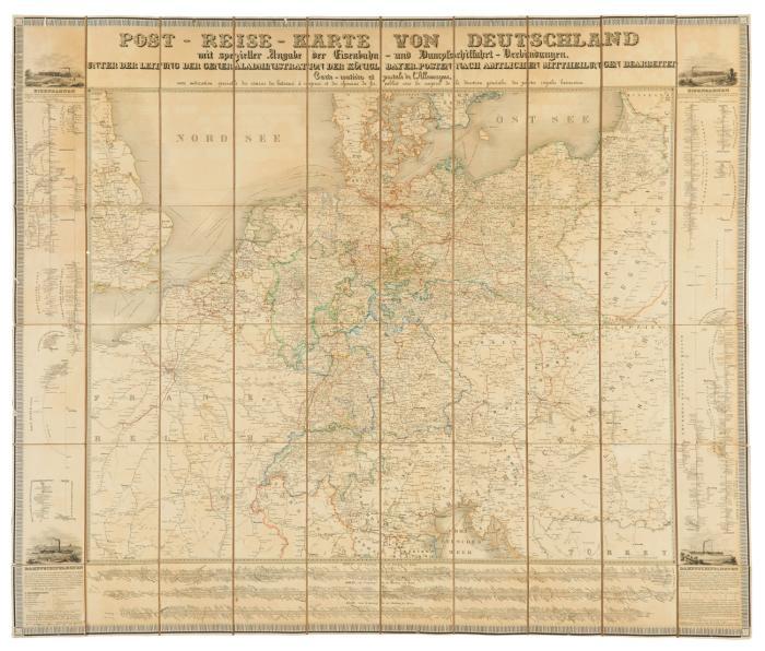Deutschland. - Post-Reise-Karte von Deutschland mit spezieller Angabe der Eisenbahn- und Dampfschiffahrt-Verbindungen.