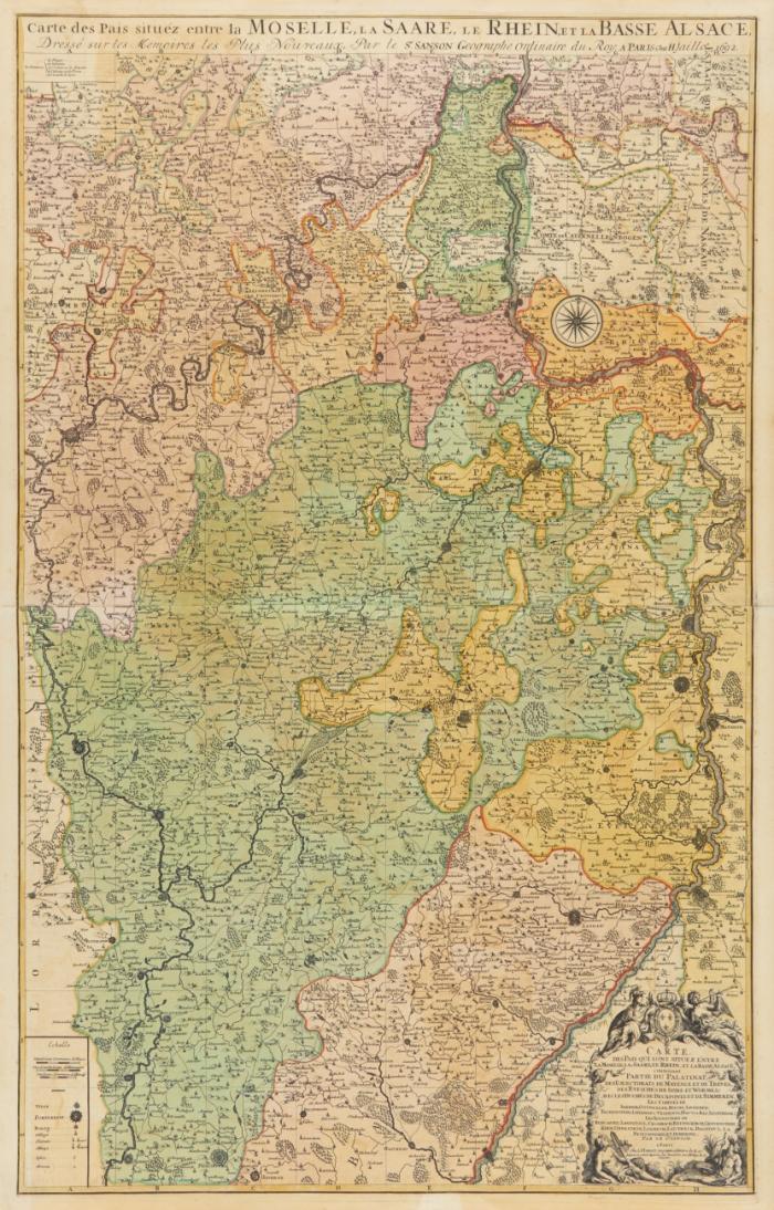 Pfalz. Carte des Pais situéz entre la Moselle, la Saare, le Rhein et la Basse Alsace, die Pfalz, das Saarland und die Südeifel, mit dem Rhein von Fort Louis bis Koblenz, und der Mosel von Trier bis zur Mündung.