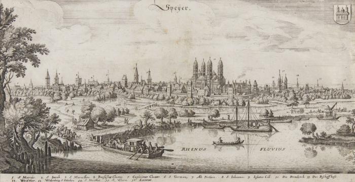 Speyer / Bad Tölz. 2 Blatt Kupferstichkarten aus Merian. 1.) Speyer, Panoramaansicht vom Ostufer des Rheins mit Blick auf den Dom, 1658. / 2.) Töllz, Panoramaansicht der Stadt, 1644.