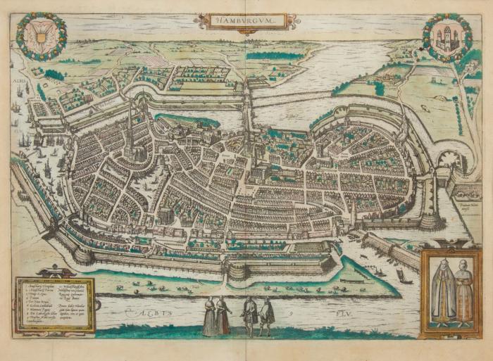 Hamburg. – Hamburgum. Planansicht der Stadt mit Legende und Figurenstaffage im Vordergrund.