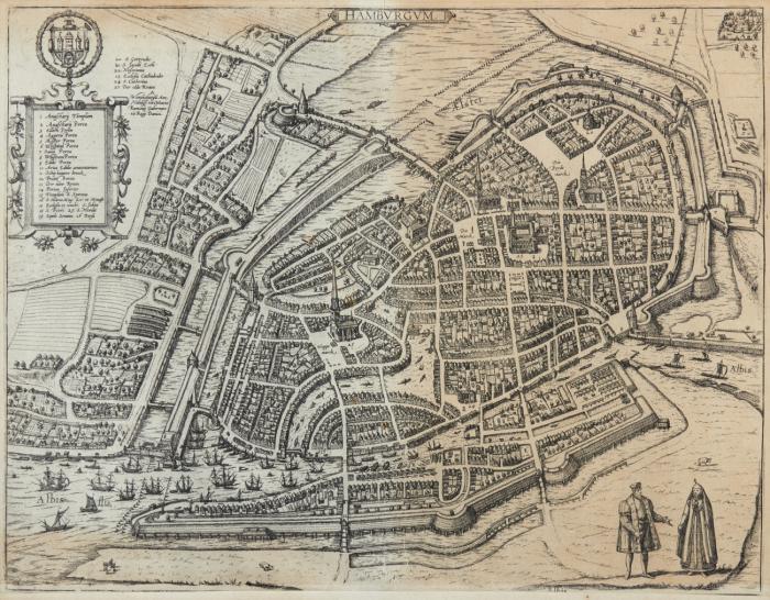 Hamburgum. Planansicht der Stadt mit Schmuckkartuschen und Figurenstaffage.