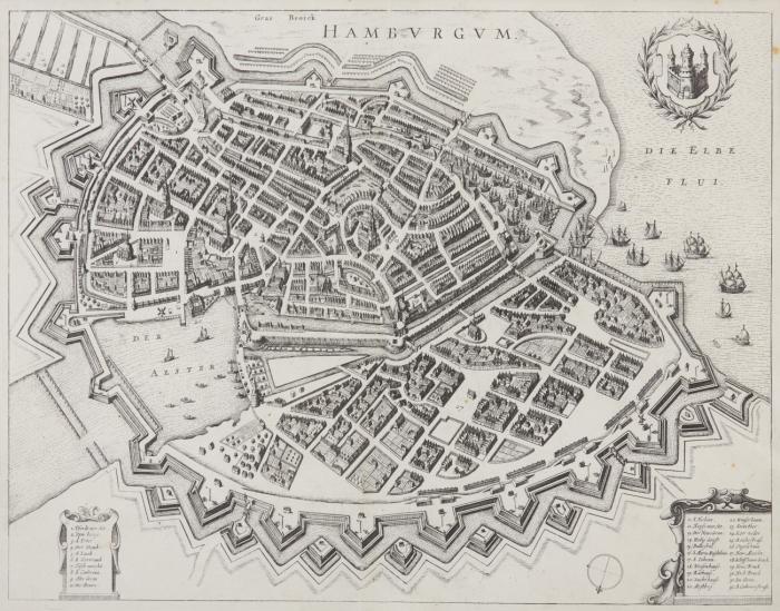 Hamburg. – Hamburgum. Stadtbefestigung aus der Vogelperspektive mit Lorbeerwappen und Kartuschen.