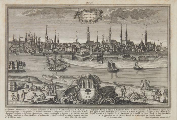 Hamburg. – Hamburgum. Blick vom Grasbrook über die Elbe auf das Stadtpanorama.