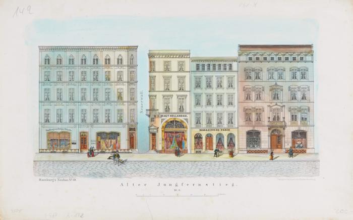 Hamburg. - Hamburg's Neubau. Fassadenansichten vom Jungfernstieg, Alter Jungfernstieg, Neuer-Wall, Alsterdamm und der Poststrasse. No. 7, 11, 12, 18, 32, 35, 36, 39, 47