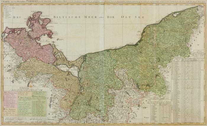 Pommern. – Charte von dem Herzogthum Pommern, sowohl Schwedisch als Preussischen Theils ... mit ausführlicher Tabelle über Anzahl der Häuser, Kirchen und Einwohner der pommerschen Städte.