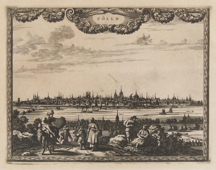 Köln. 3 Blatt Kupferstichansichten aus dem 17./18. Jahrhundert. 1.) Cölln, Panoramaansicht von Osten mit bäuerlicher Figurenstaffage im Vordergrund sowie Rahmeneinfassung mit floraler Kartusche am oberen Bildrand nach P. Schut bei N. Vischer, um 1660. / 2.) La Citta die Colonia. Capitale dell' Arcevescovato, seitenverkehrte Kopie der Panoramaansicht nach P. Schut bei N. Visscher aus einem italienischen Sammelband, um 1700/20. / 3.) Coln, Kölnpanorama von Osten gesehen, aus Kaerius jedoch ohne die Schrift, um 1620.