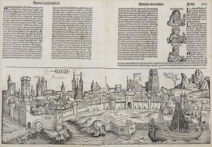 Köln. – Colonia. Panorama mit Schiffsstaffage auf dem Rhein.