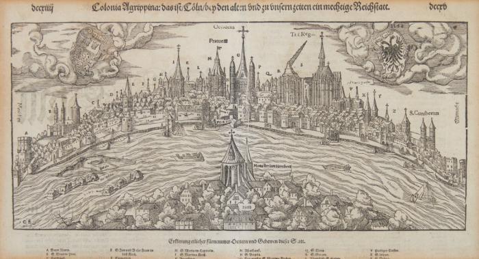 Colonia Agrippina: das ist Cöln / bey den alten und zu unsern Zeiten ein mechtige Reichstatt. Konkaves Kölnpanorama aus der halben Vogelschau mit Schiffsstaffage auf dem Rhein sowie Stadt- und Reichswappen in den Wolken.
