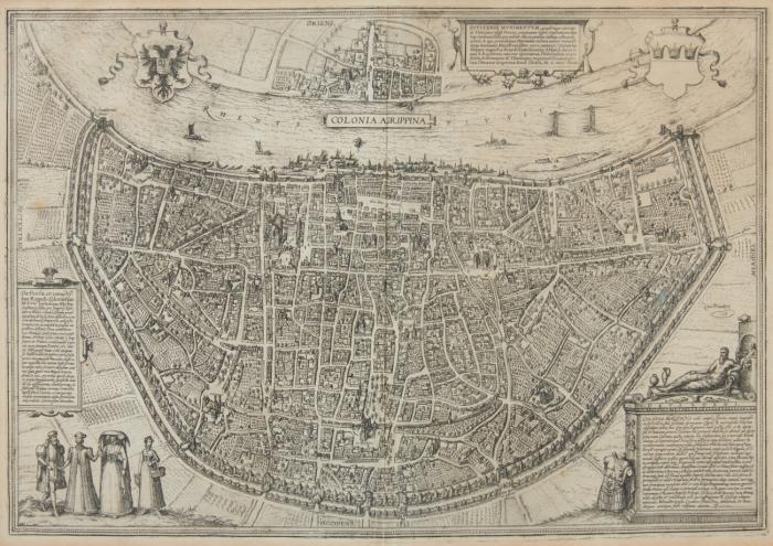 Köln. – Colonia Agrippina. Planansicht der Stadt mit Kartuschen und Figurenstaffage im Vordergrund.