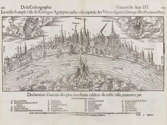 Köln. La noble & ample ville de Coloigne Agrippine, ... gebogenes Köln-Panorama mit Stadt- und Reichswappen sowie Legende. 
Holzschnitt nach Hans Rudolf Manuel Deutsch aus der französischen Ausgabe der Cosmographia von Sebastian Münster mit rückseitigem französischen Text, Pag. 562/563. Um 1620.