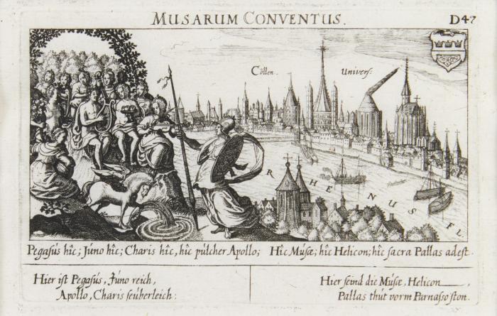 Köln. Cöllen. Musarum Conventus, Kölnpanorama mit Apoll und Pallas Athene sowie einigen Musen auf dem Parnass im Vordergrund links.