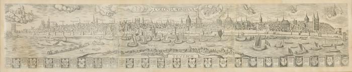 Köln. - Colonia Agrippina, gesamtes Köln-Panorama mit 22 Gaffel-Wappen unter der Darstellung.
