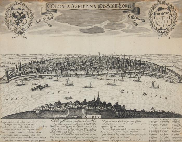 Köln. – Colonia Agrippina De Statt Cöllen, Gesamtansicht mit Deutz und  Lobgedicht auf die Stadt in Latein, Niederländisch und Französisch.