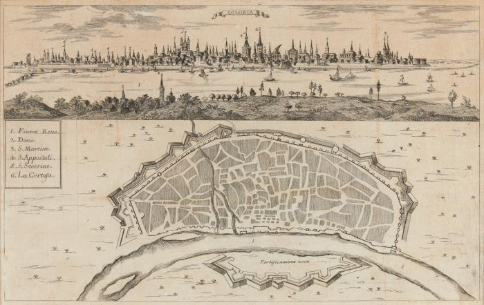 Köln.- 3 Blatt Kupferstichpläne aus dem 17./18. Jahrhundert. 1.) Cölln am Rhein, Befestigungsplan der Stadt Köln mit Deutz und seitlichem Text sowie Legende von Gabriel Bodenehr, um 1750. / 2.) Vetus ubiorum oppidum ... das römische Köln aus Securis ad radicem bei Peter Alexander Bossart, 1687. / 3.) Colonia, Kölnpanorama von Deutz aus, darunter Befestigungsplan mit Legende von einem anonymen ital. Stecher, um 1790.