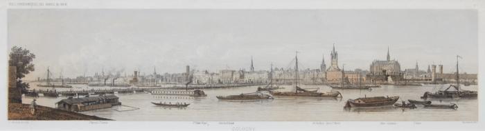 Köln. - 2 Panoramen von Osten auf Köln. 1.) Panorama von Cöln. Panorama de Cologne. Kölnpanorama von Osten von A. Ditzler bei Ruff. 1844. / 2.) Cologne. Um 1860. Köln von Osten von Charles Mercerau aus Vues panoramiques des bords du Rhin.