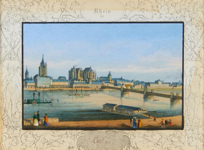 Köln. 2 Blatt kolorierte Lithographien aus dem 19. Jahrhundert. 1.) Coeln, Panorama vom rechten Rheinufer gesehen, aus Geschenk voor de Jeugd bei W. Linders, um 1825. Sievers Bd. 2, 31. / 2.) Rhein, Panorama von Deutz aus mit belebtem Ufer und Raddampfern auf dem Rhein, ornamental gerahmt mit mythologischen Gestalten. Aus dem Ansichtenwerk Unsere Ansichten von Cöln von Gustav Täubert und Otto von Gersheim. Um 1865. Sievers Bd. 2 , 138.