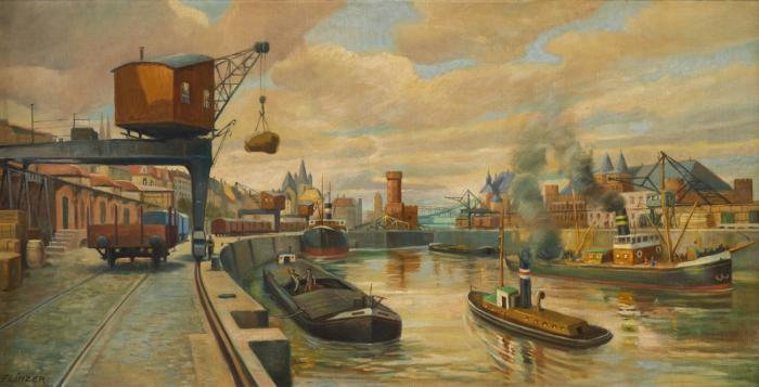 Köln. – Rheinauhafen. Pittoreske Hafenansicht von Fritz Linzer.