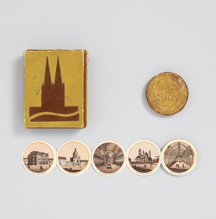 Köln. – Souvenir von Cöln. Kreisförmiger 14 teiliger Leporello in OrSchachtel mit Sehenswürdigkeiten von Köln.