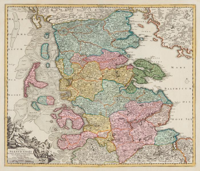 Schleswig-Holstein. – Tabula Generalis Holsatiae complectens Holsatiae, Dithmarsiae, Stormariae et Vagriae Ducatus / Ducatus Slesvicensis in omnes ejusdem Generales et Prticulares Praefecturas exacte divisi, Holstein von Hamburg bis Tönning-Kiel bzw. Schleswig und Südjütland vonTönning-Kiel bis Ribe-Kolding.