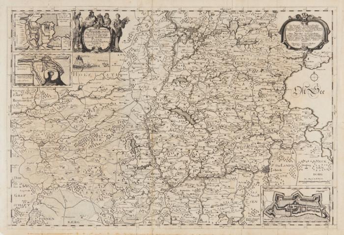 Schleswig-Holstein. Ostholstein. Landtcarte Vom Süderntheil des Wagerland''s Und ein theil Stormaria. Worinnnen daß Stifft Lubeck,das Fürstenthumb Plöen Und das Ambt Segeberg begriffen, mit Lübeck und den Plöner Seen, in drei Teilkarten Pläne von Eutin, Segeberg und Travemünde sowie Ansicht von Segeberg.