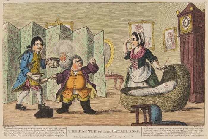 Karikaturen. – Bunburry, Henry William (Mildenhall 1750 - 1811 Keswick). The Battle of the Cataplasm. Publ. 3d February 1799, by J. Harris. / The Siege of Namur. Publ. by S. W. Fores, May 23 1799. / The Overthrow of Dr. Slop. Publ. 3d February 1799, by J. Harris.