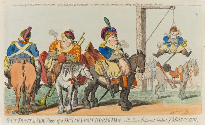 Karikaturen. – Cruikshank, Isaac (Edinburgh 1764 - 1811 London). Diversions of Hatfield. Publ. July 24, 1789 by S. W. Fores. / Back Front & Side View of a DutchLight HorseMan. Publ. July 24, 1794 by S. W. Fores.