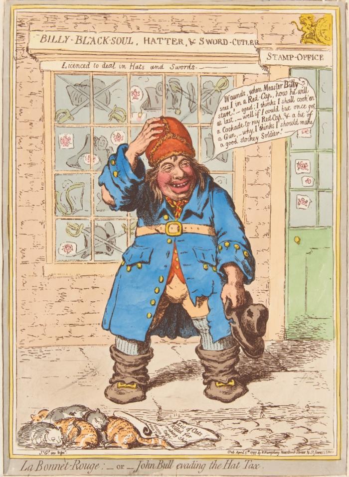 Karikaturen. – Gillray, James. The Times. Anno 1783. Publ. Apr. 14th 1783, by W. Humphrey. / La Bonnèt-Rouge; – or – John Bull evading the Hat Tax. Publ. April 5th 1797, by H. Humphrey.