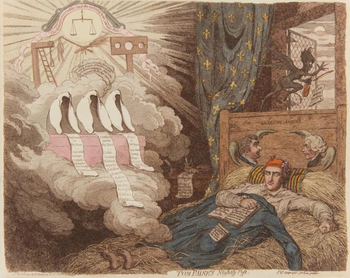 Karikaturen. – Gillray, James. Tom Paine's Nightly Pest. Publ. Decr. 10th 1792, by H. Humphrey Nº 18 Old Bond Street.