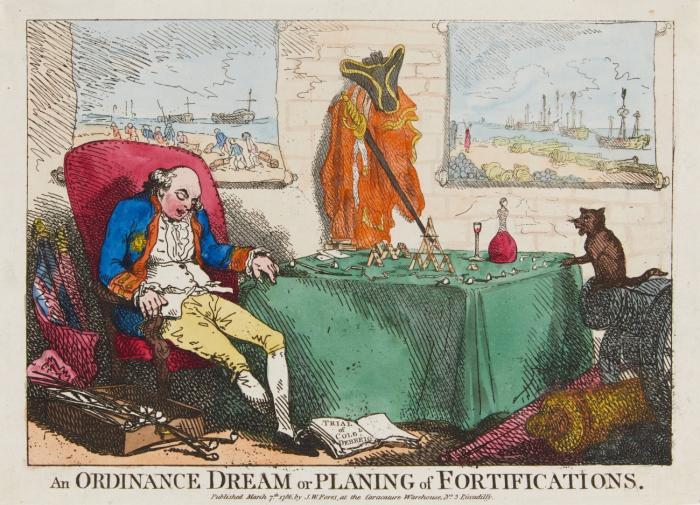 Karikaturen. – Rowlandson, Thomas. The Devonshire, ... Publ. April 12th 1784, by W. Humphrey. / The Ordinance Dream ... Publ. March 7th 1786, by S. W. Fores. / Boot Polishers. Publ. May 1st 1801, by R. Ackermann. / The Parachute or a Sage Lady's ... Publ. Sept. 1785.